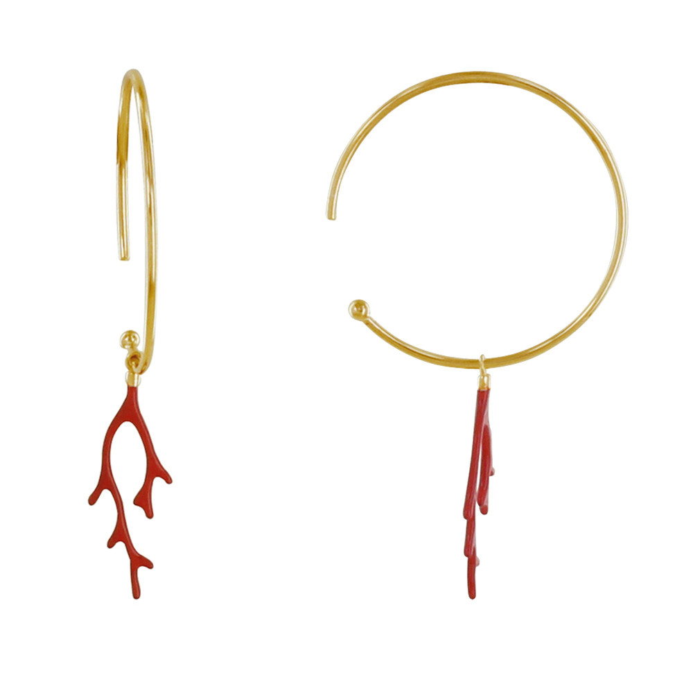 LES POULETTES BIJOUX Boucles d'Oreilles Plaqué Or Demi Créoles Breloque Corail Email