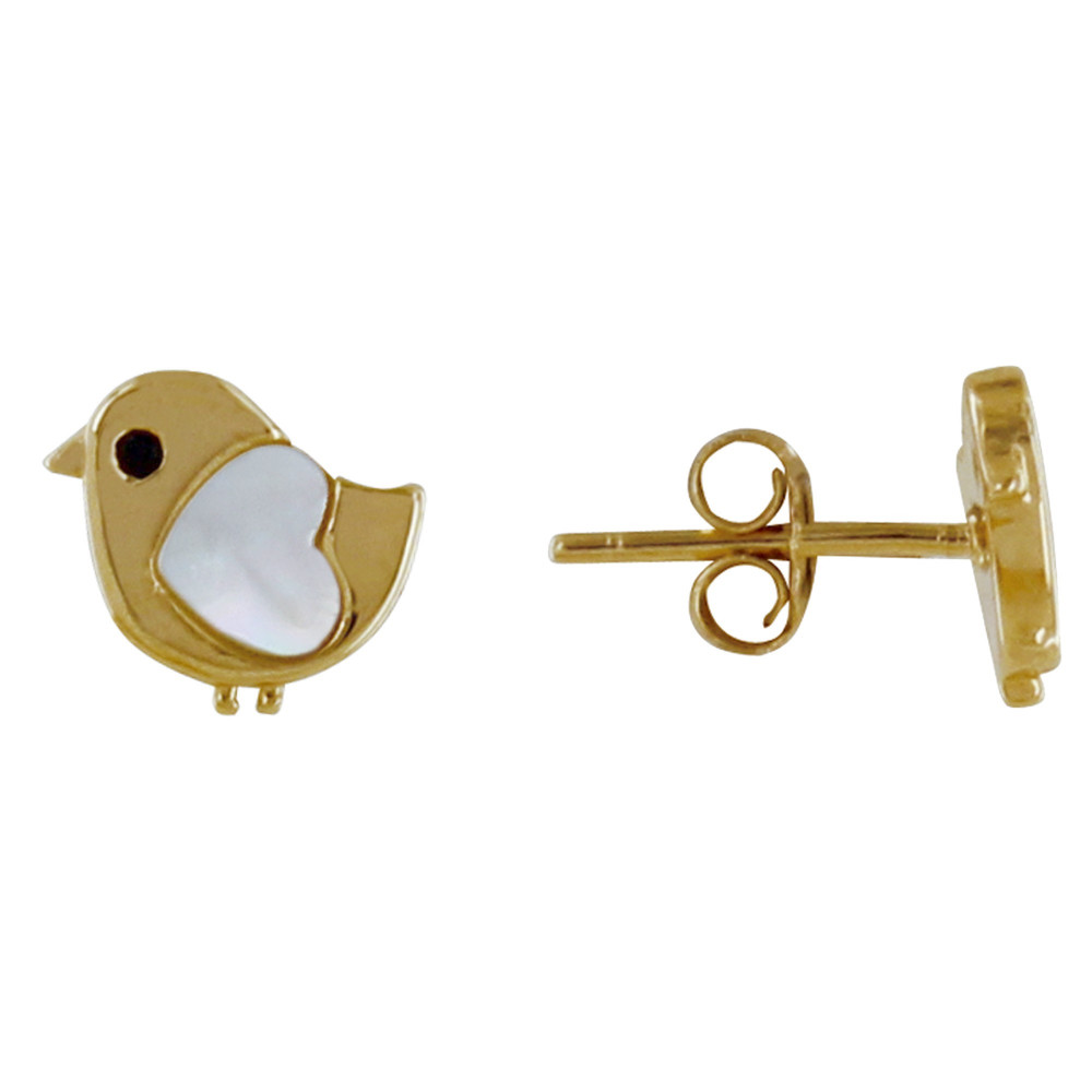LES POULETTES BIJOUX Boucles d'Oreilles Plaqué Or Petit Oiseau et Coeur de Nacre