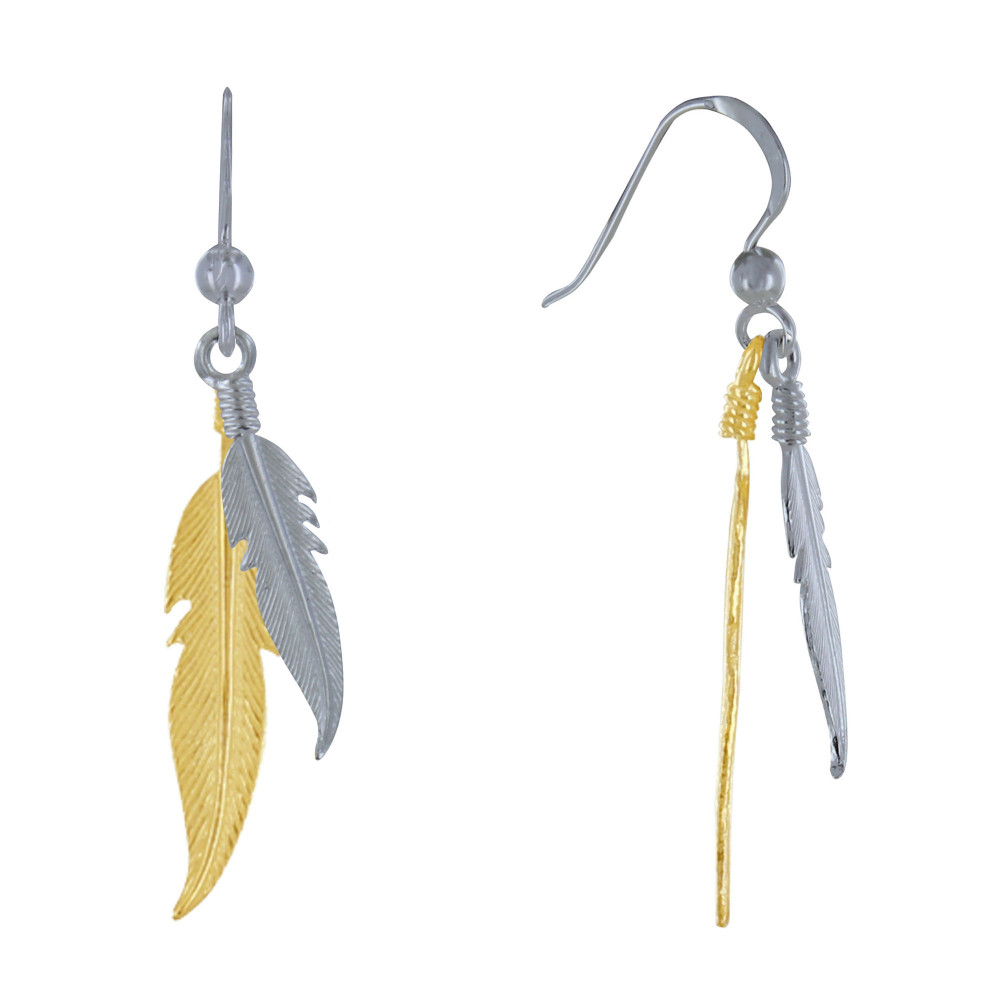 LES POULETTES BIJOUX Boucles d'Oreilles Argent 925 et Argent Doré Deux Plumes