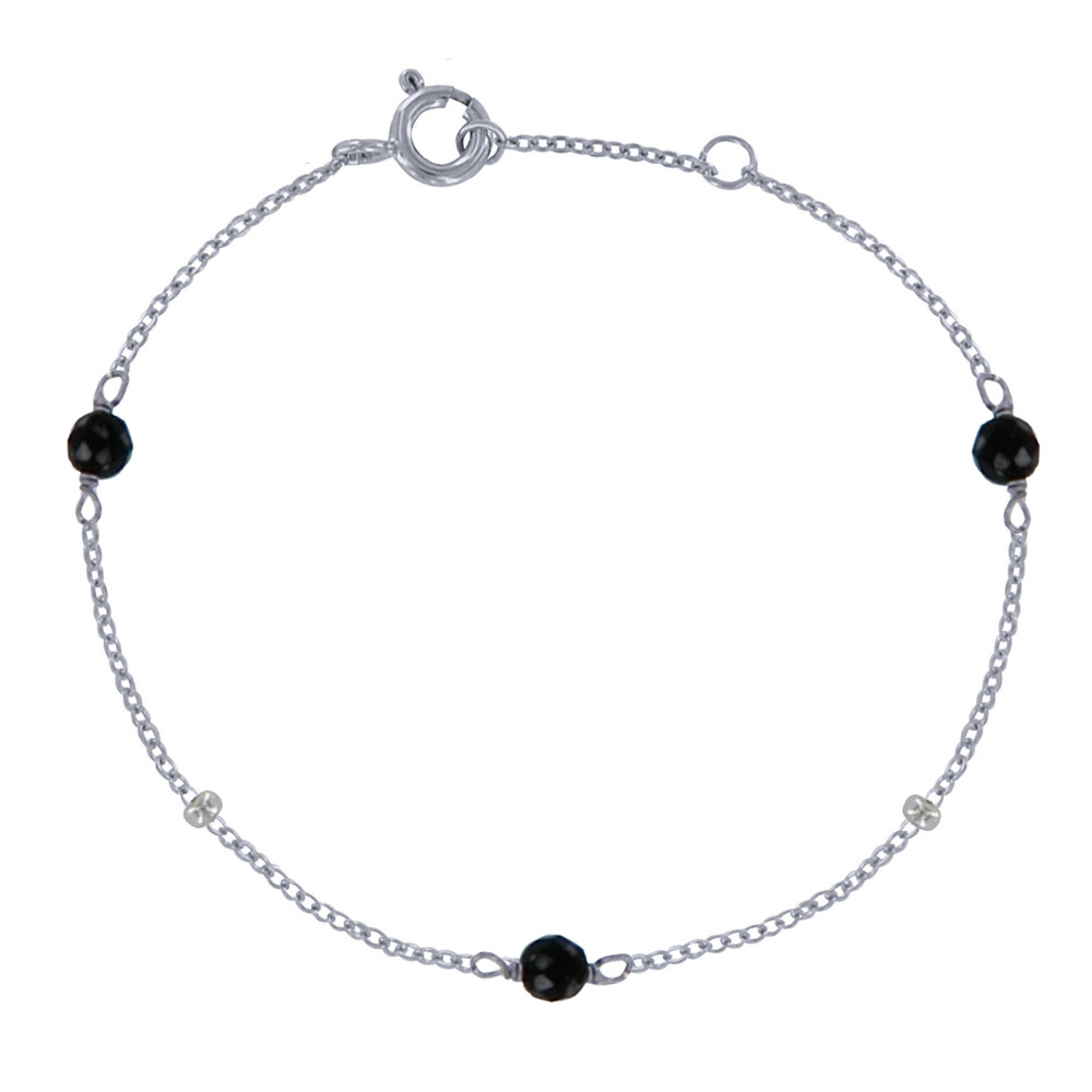 LES POULETTES BIJOUX Bracelet Argent Rhodié Trois Perles d'Onyx Noires Facettées