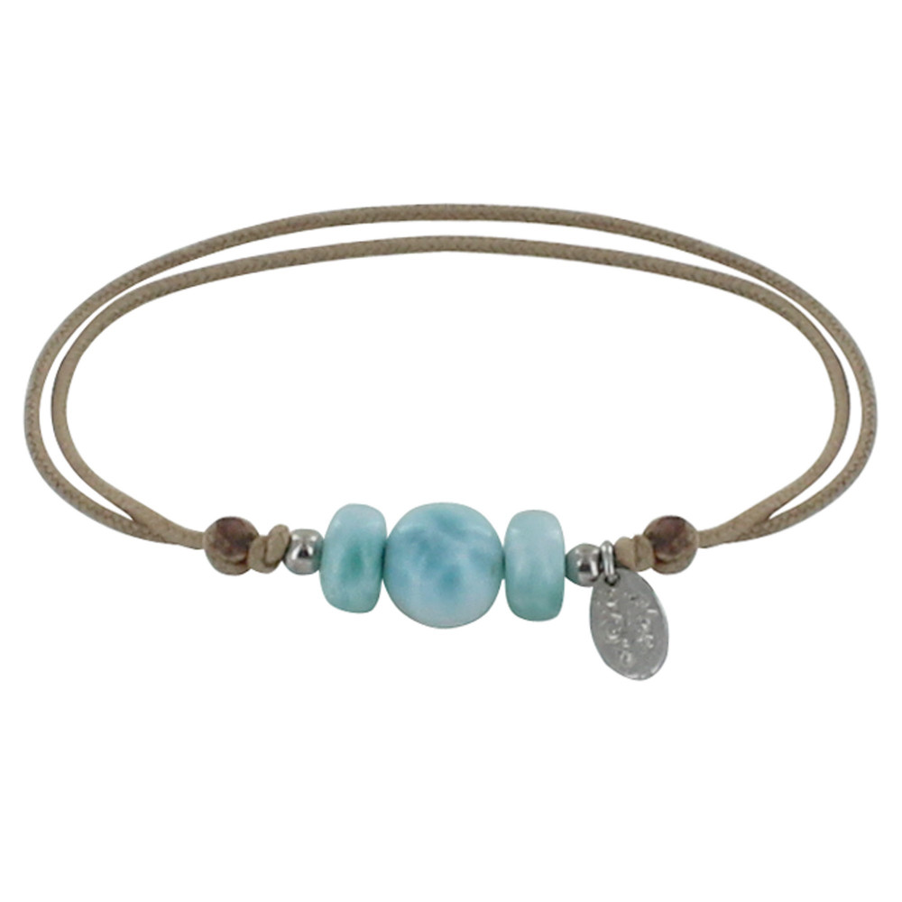 LES POULETTES BIJOUX Bracelet Lien Une Perle et Deux Anneaux de Larimar - Beige