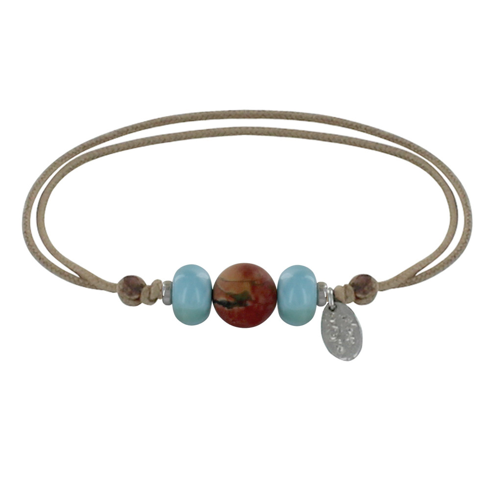 LES POULETTES BIJOUX Bracelet Lien Une Perle Jaspe et Deux Anneaux de Larimar - Beige