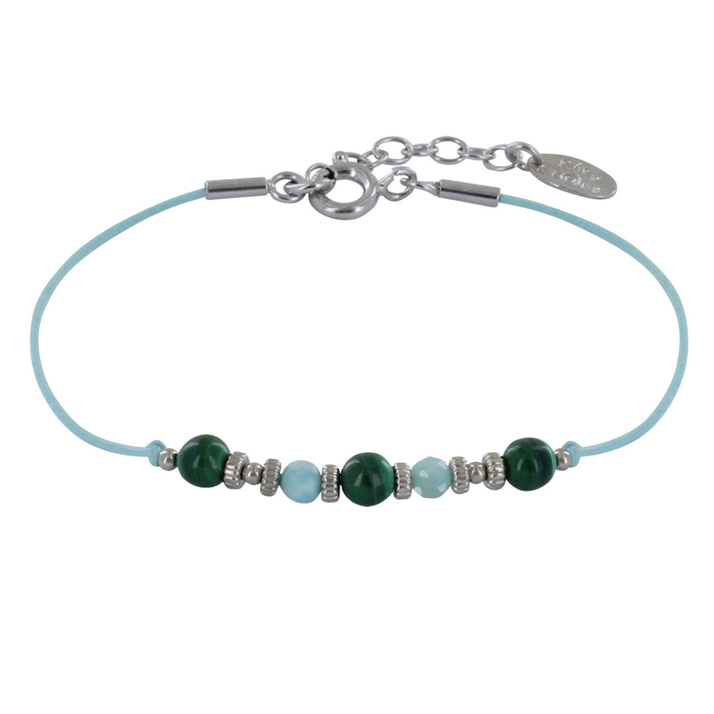 LES POULETTES BIJOUX Bracelet Lien Trois Perles de Malachite et Deux Perles Facettée