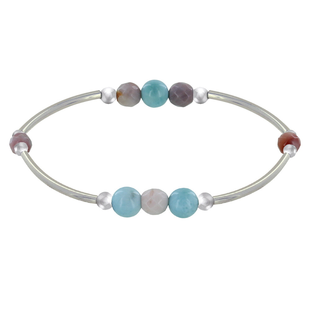 LES POULETTES BIJOUX Bracelet Elastique Tubes Argent Rhodié Trois Perles de Larimar