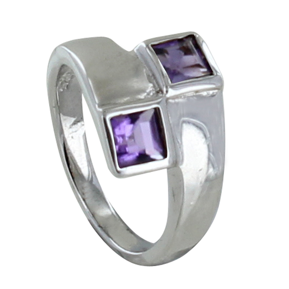 LES POULETTES BIJOUX Bague Argent 925 Rhodié Toi et Moi Carré Améthyste - taille 54