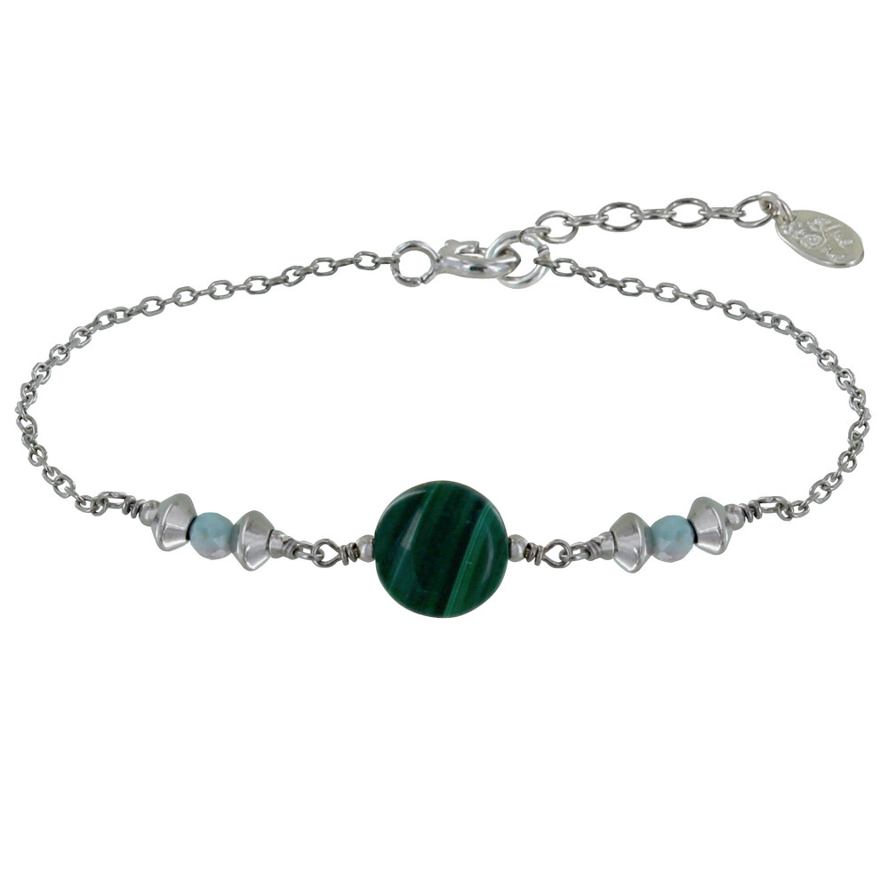 LES POULETTES BIJOUX Bracelet Argent 925 Rhodié Un Bouton de Malachite Deux Perles d