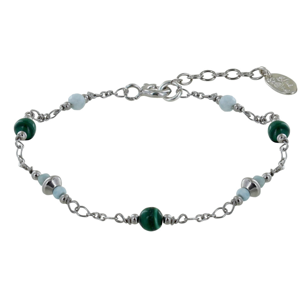 LES POULETTES BIJOUX Bracelet Argent Rhodié Trois Perles de Malachite Deux Perles de