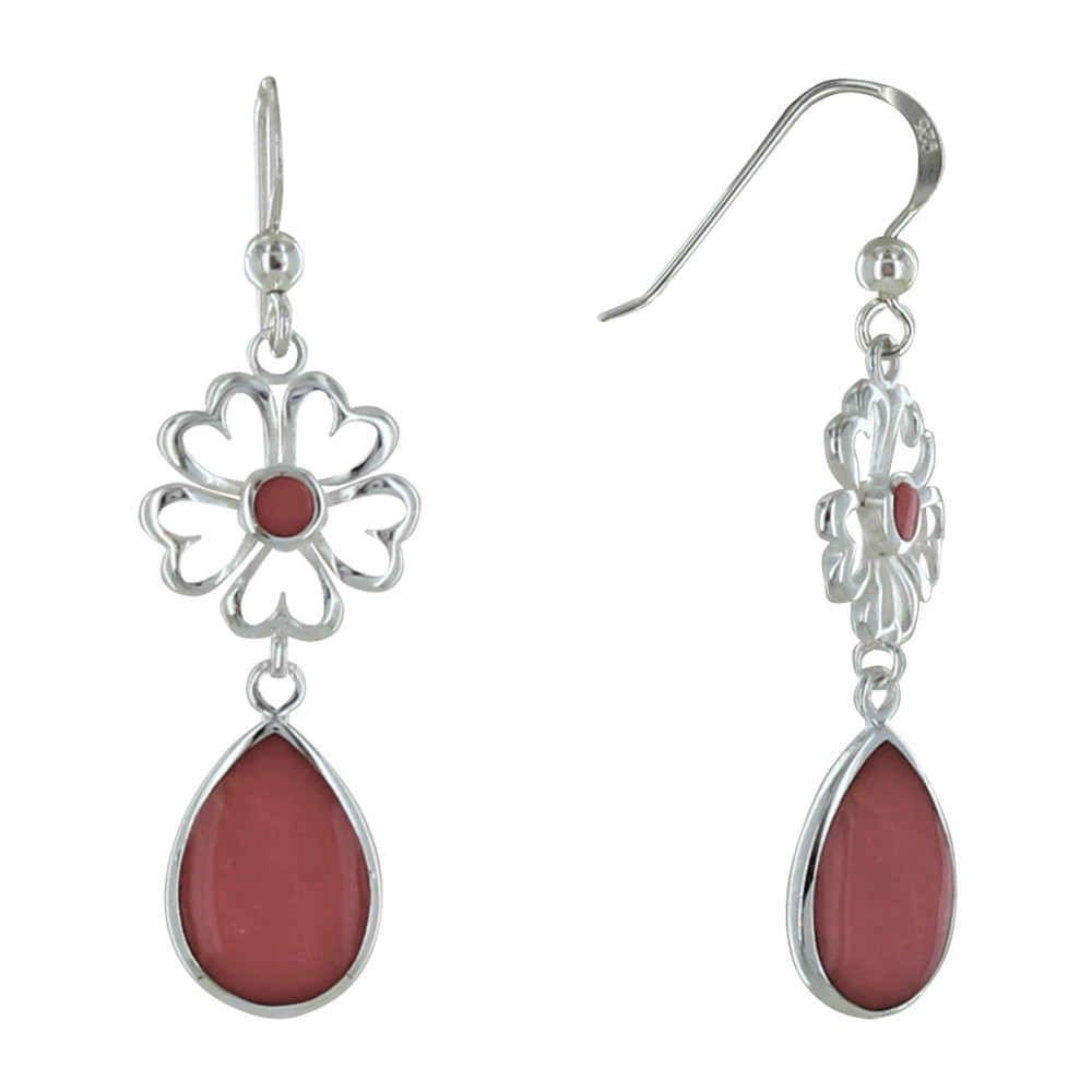 LES POULETTES BIJOUX Boucles d'Oreilles Argent Fleur et Goutte Couleur Corail