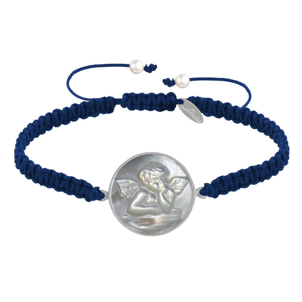 LES POULETTES BIJOUX Bracelet Lien Tréssé Médaille Ronde Argent 925 et Nacre Ange Ra