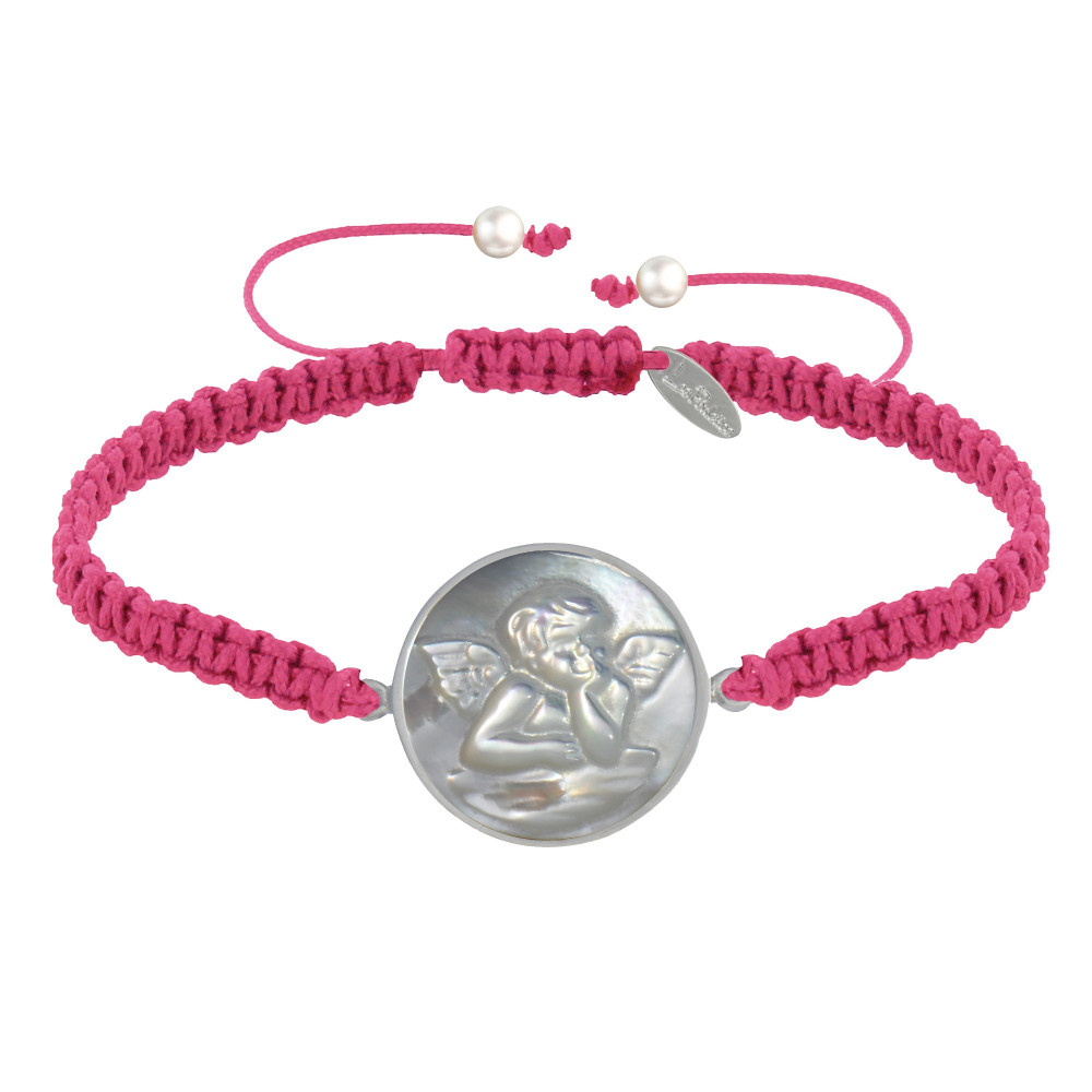 LES POULETTES BIJOUX Bracelet Lien Tréssé Médaille Ronde Argent 925 et Nacre Ange Ra