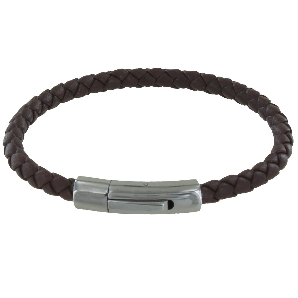 LES POULETTES BIJOUX Bracelet Homme Cuir Tréssé Rond 19cm - Marron foncé