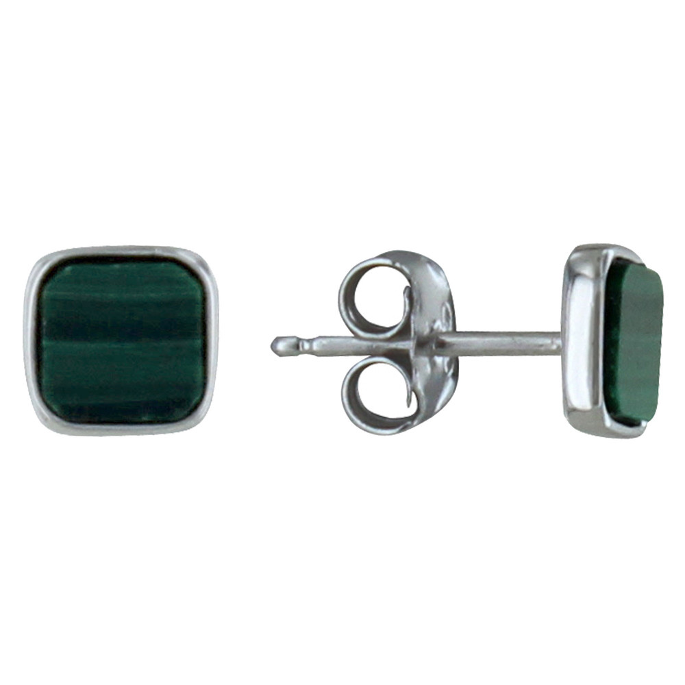 LES POULETTES BIJOUX Boucles d'Oreilles Clous Argent Petit Carré de Malachite