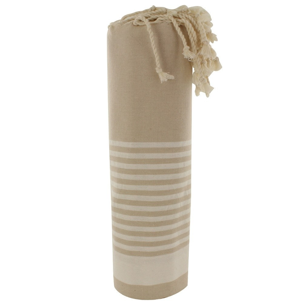 LES POULETTES BIJOUX Grand Fouta Drap Plage et Hammam Coton Couleur Beige Rayé Blanc
