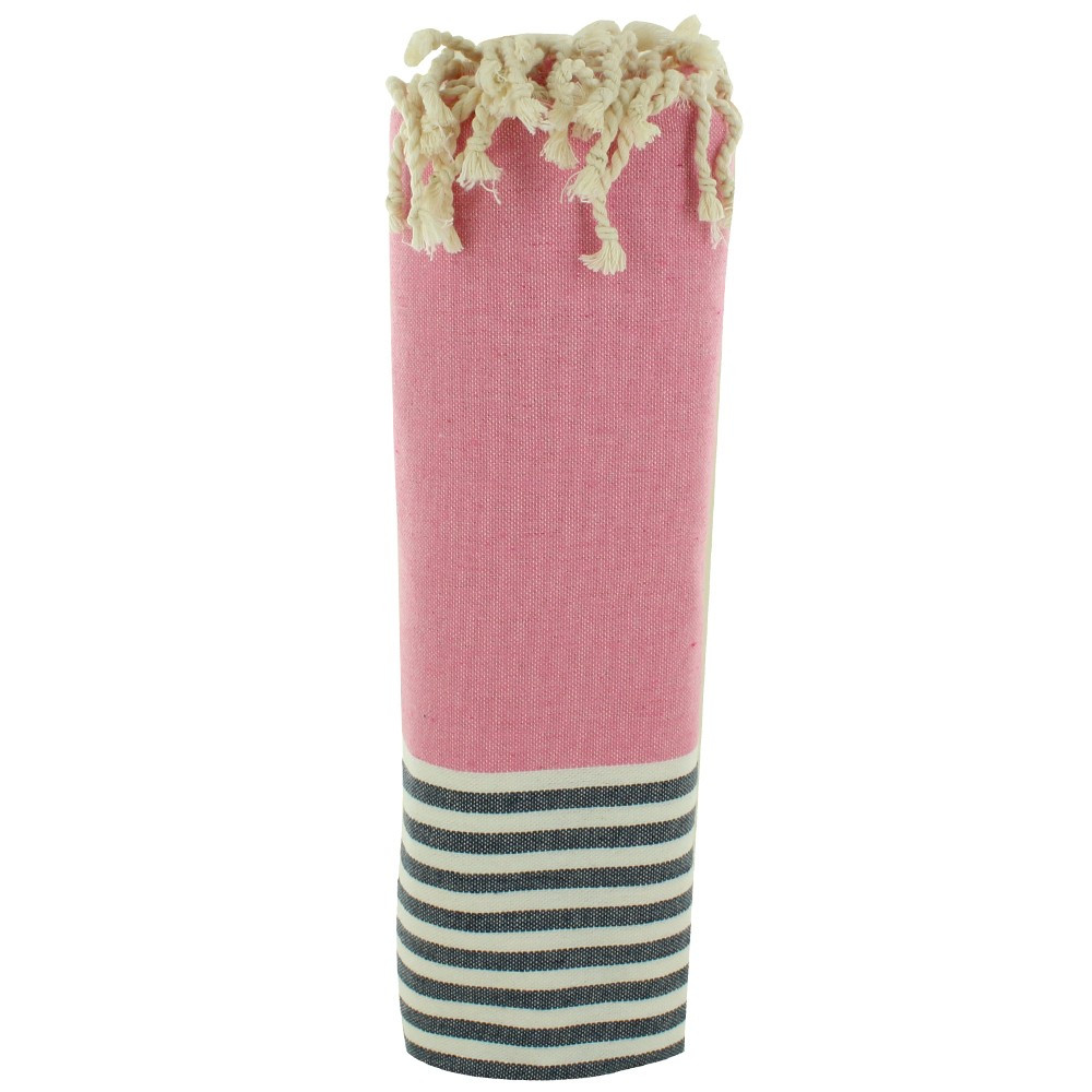 LES POULETTES BIJOUX Fouta Drap Plage et Hammam Coton Couleur Rose Rayé Blanc et Ble