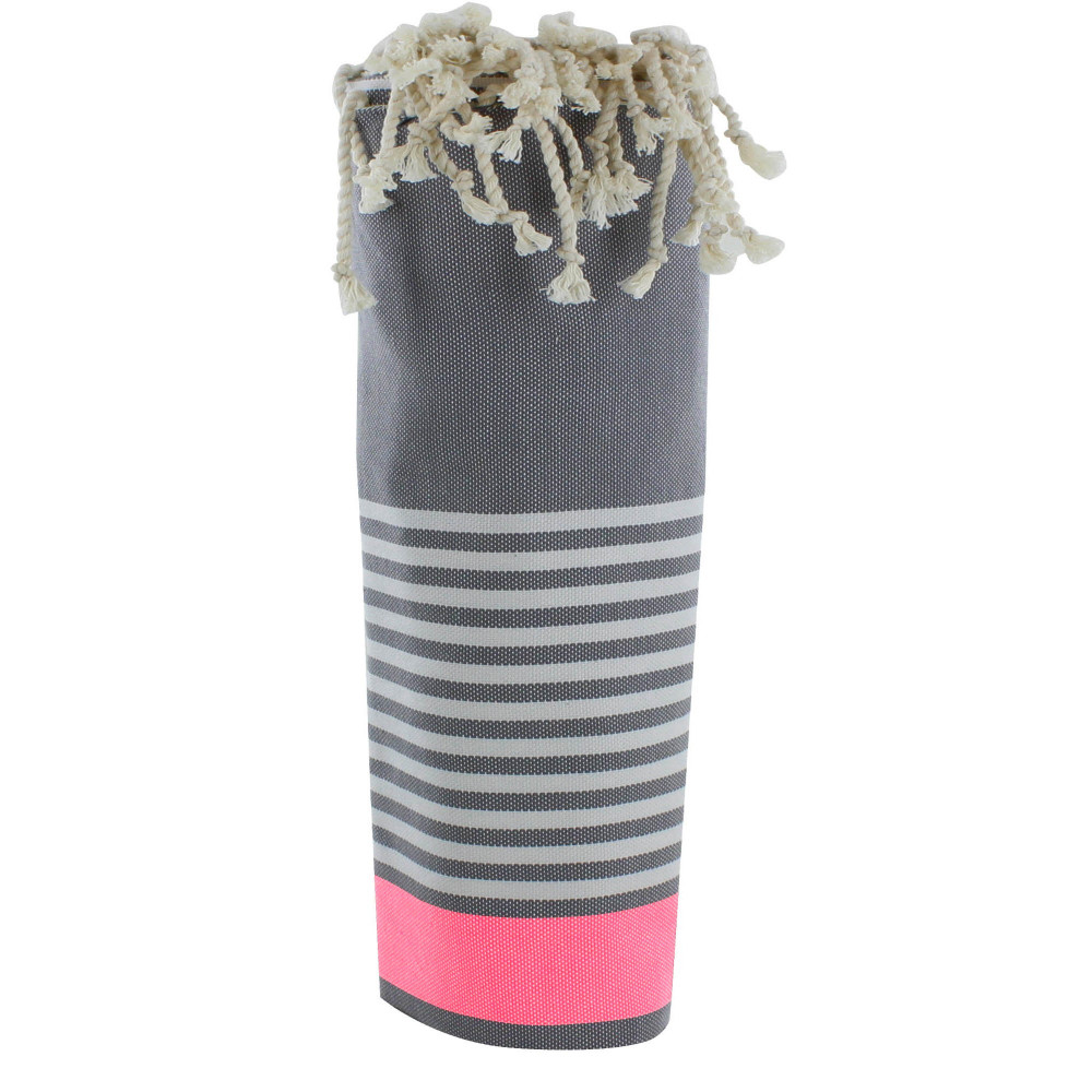 LES POULETTES BIJOUX Fouta Drap Plage et Hammam Coton Couleur Gris Foncé Bande Rose
