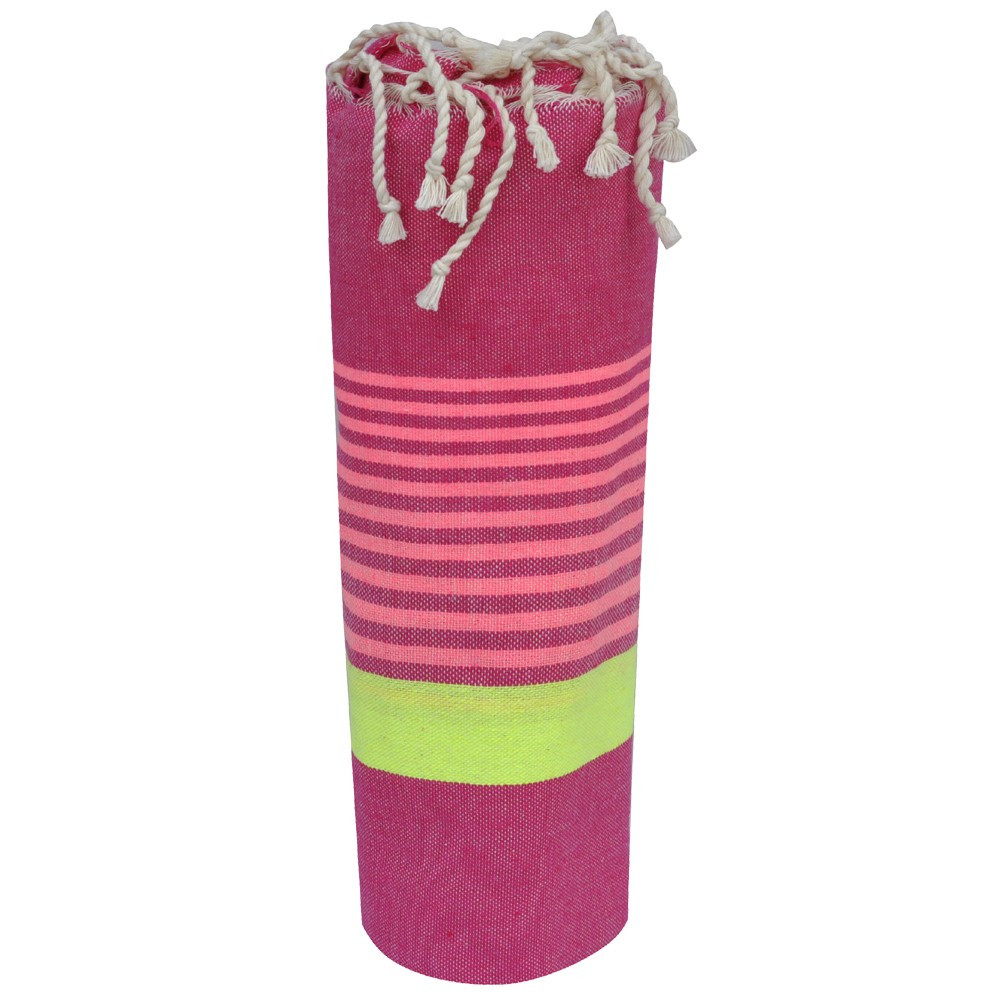 LES POULETTES BIJOUX Fouta Drap Plage et Hammam Coton Fuchsia Bande Jaune Fluo et Pe