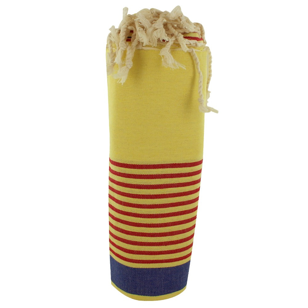 LES POULETTES BIJOUX Fouta Drap Plage et Hammam Coton Jaune Clair Bande Bleue et Pet