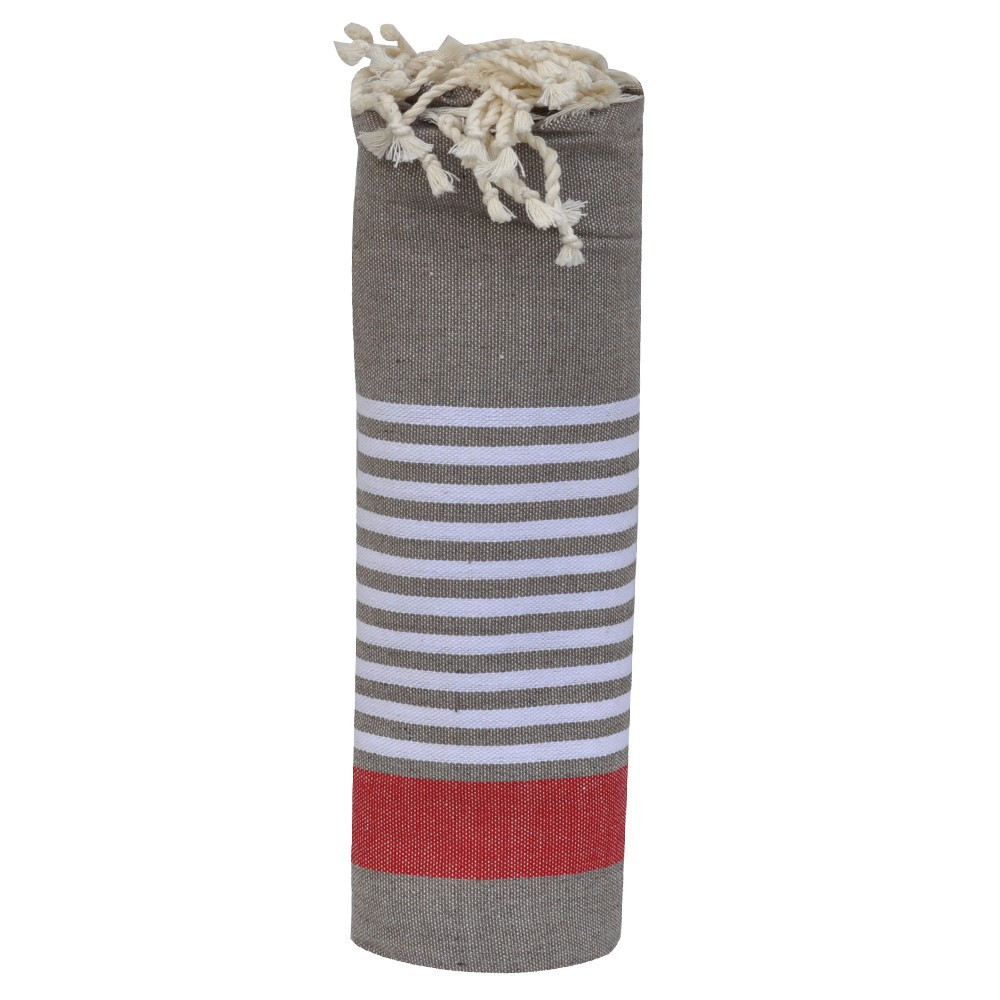 LES POULETTES BIJOUX Fouta Drap Plage et Hammam Coton Marron Bande Rouge et Petites