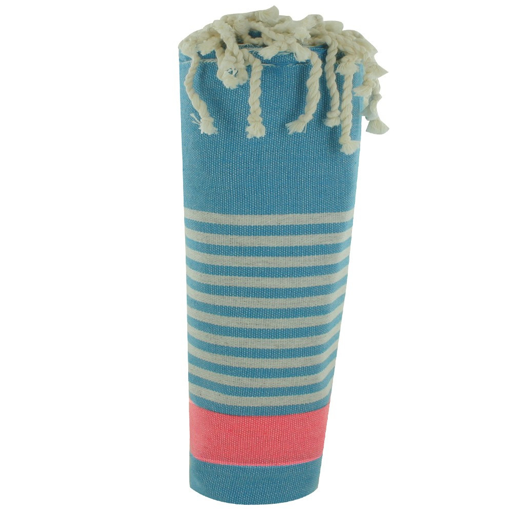 LES POULETTES BIJOUX Fouta Drap Plage et Hammam Coton Turquoise Bande Rose Fluo et P