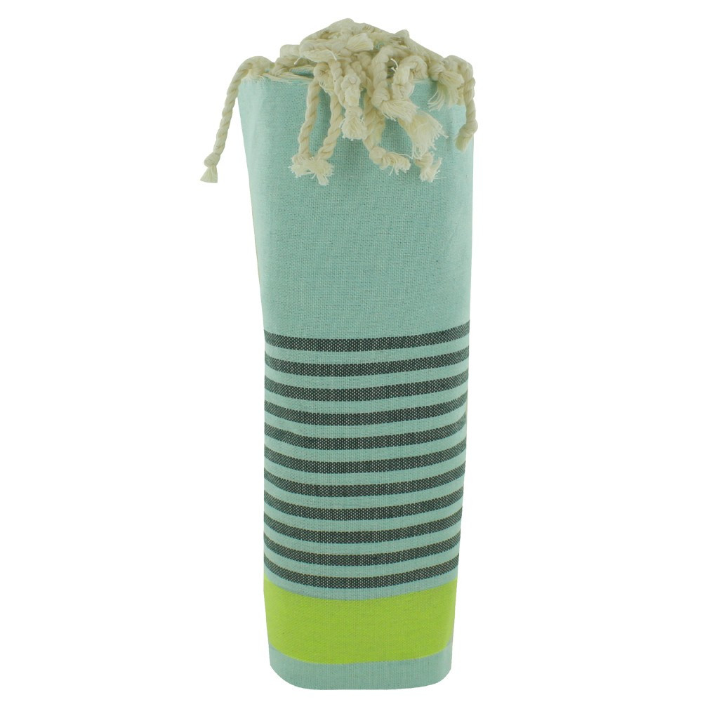 LES POULETTES BIJOUX Fouta Drap Plage et Hammam Coton Vert d'Eau Bande Jaune Fluo et
