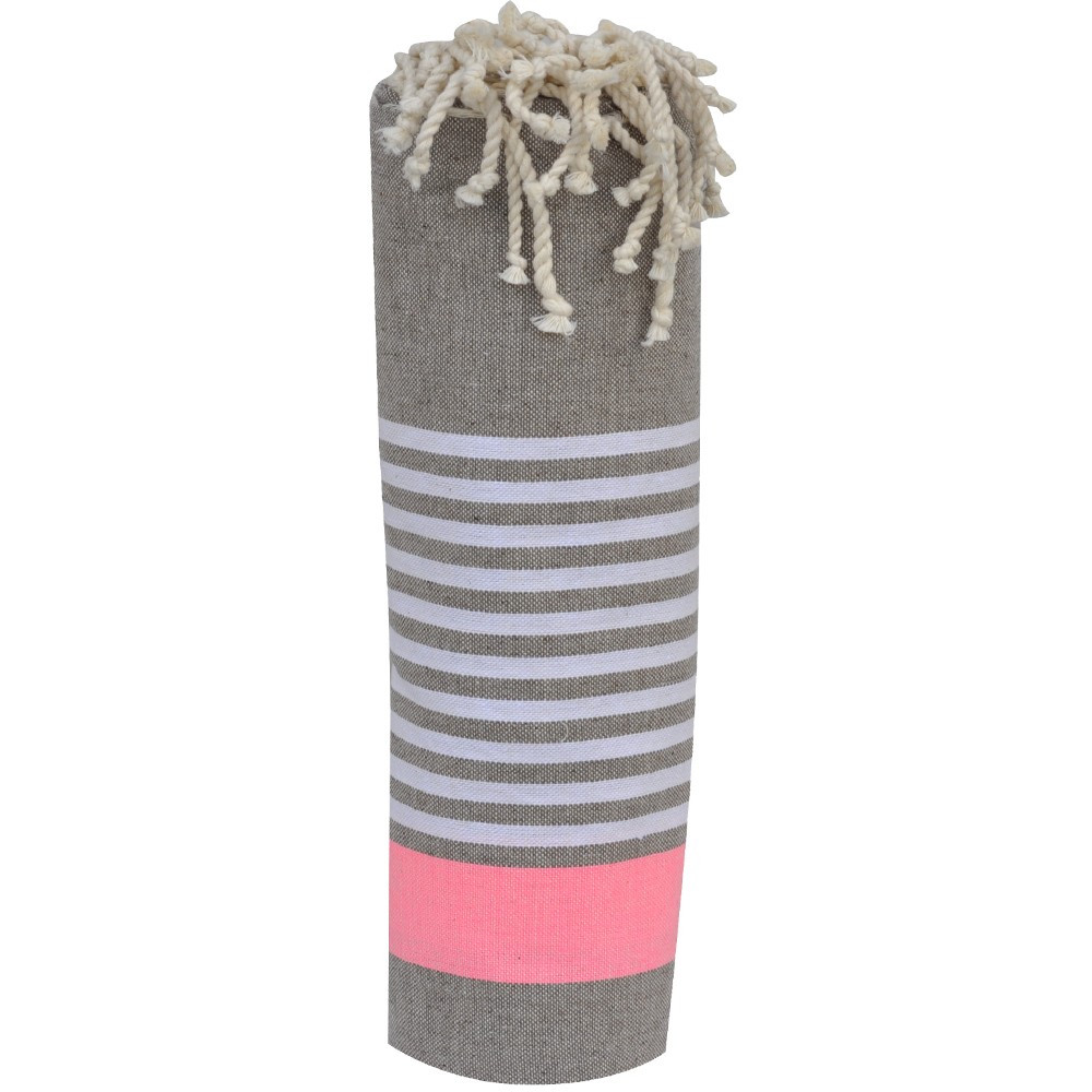LES POULETTES BIJOUX Fouta Drap Plage et Hammam Coton Marron Bande Rose Fluo et Peti