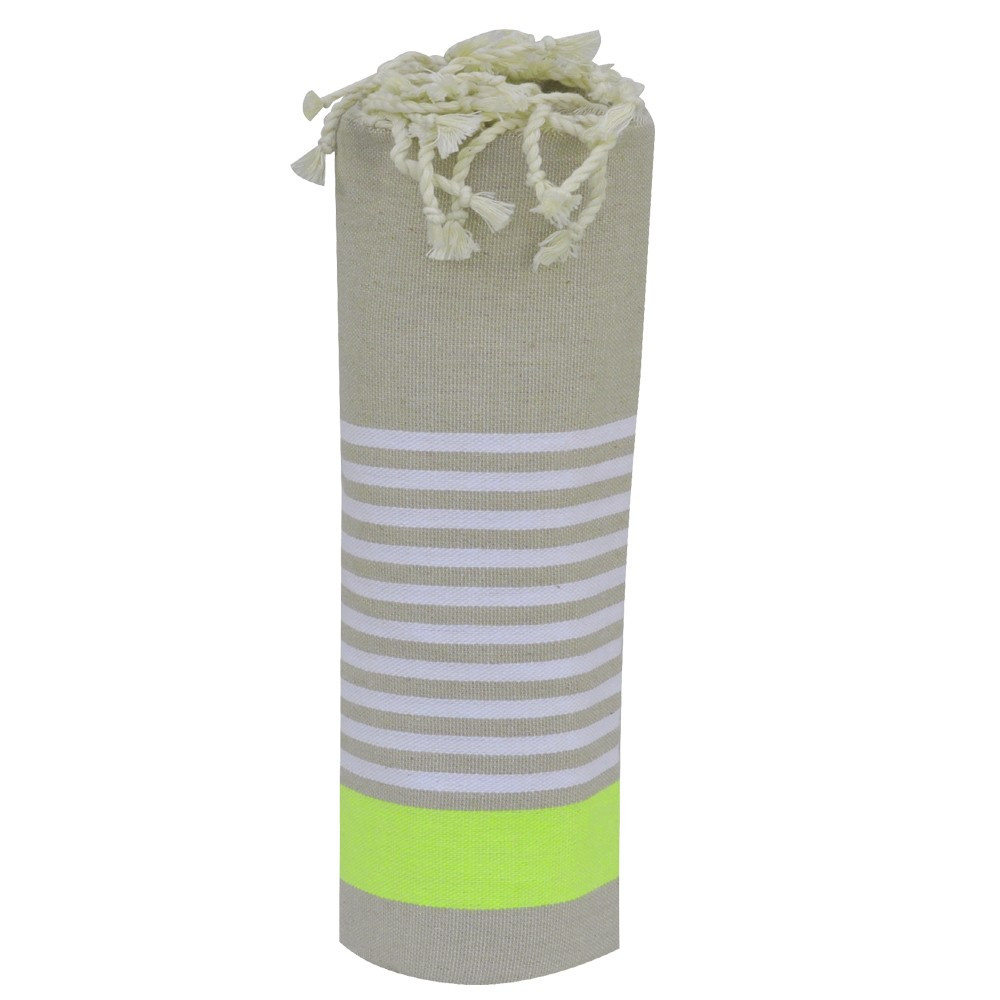 LES POULETTES BIJOUX Fouta Drap Plage et Hammam Coton Beige Bande Jaune Fluo et Peti