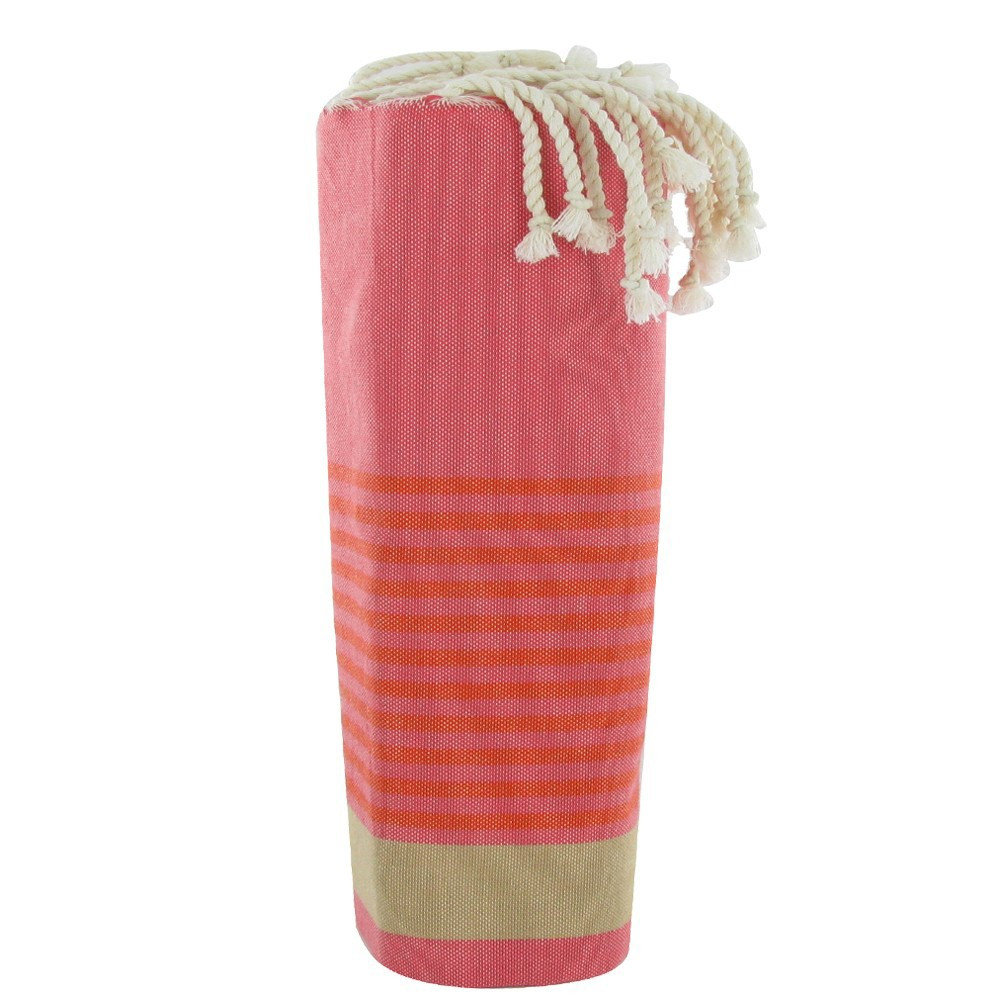 LES POULETTES BIJOUX Fouta Drap Plage et Hammam Coton Couleur Fuchsia Rayé Orange 10