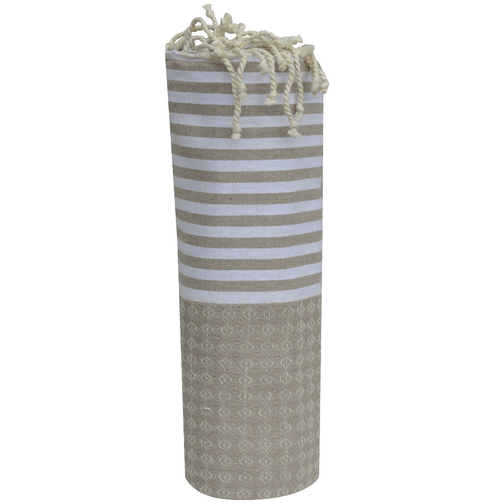 LES POULETTES BIJOUX Fouta Drap Plage et Hammam Coton Jacquard Beige Rayures Blanche