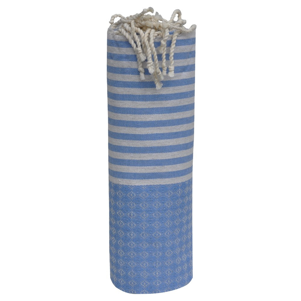 LES POULETTES BIJOUX Fouta Drap Plage et Hammam Coton Jacquard Bleu Rayures Grises C