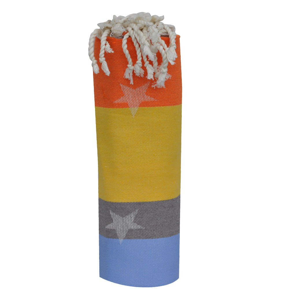 LES POULETTES BIJOUX Fouta Drap Plage et Hammam Coton Jacquard Etoile Bleu Gris Jaun