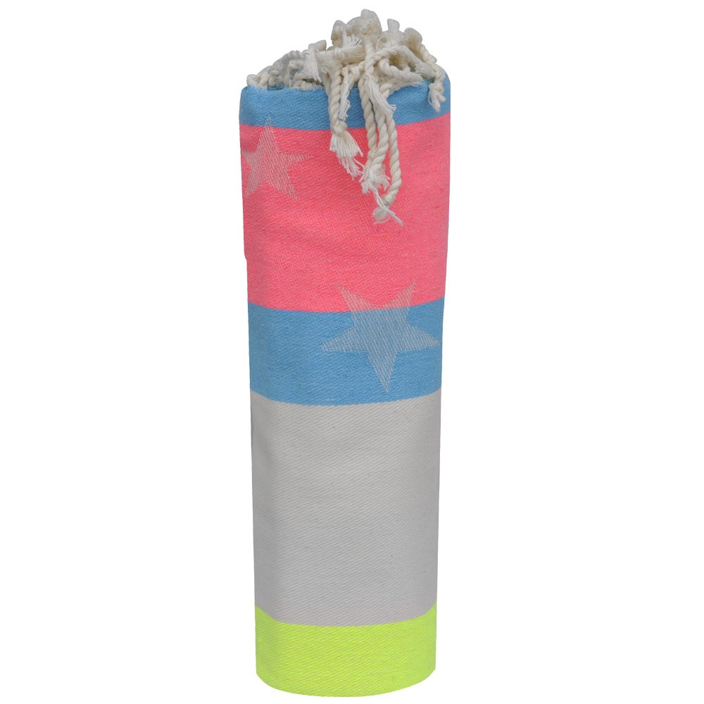 LES POULETTES BIJOUX Fouta Drap Plage et Hammam Coton Jacquard Etoile Jaune Fluo Bei