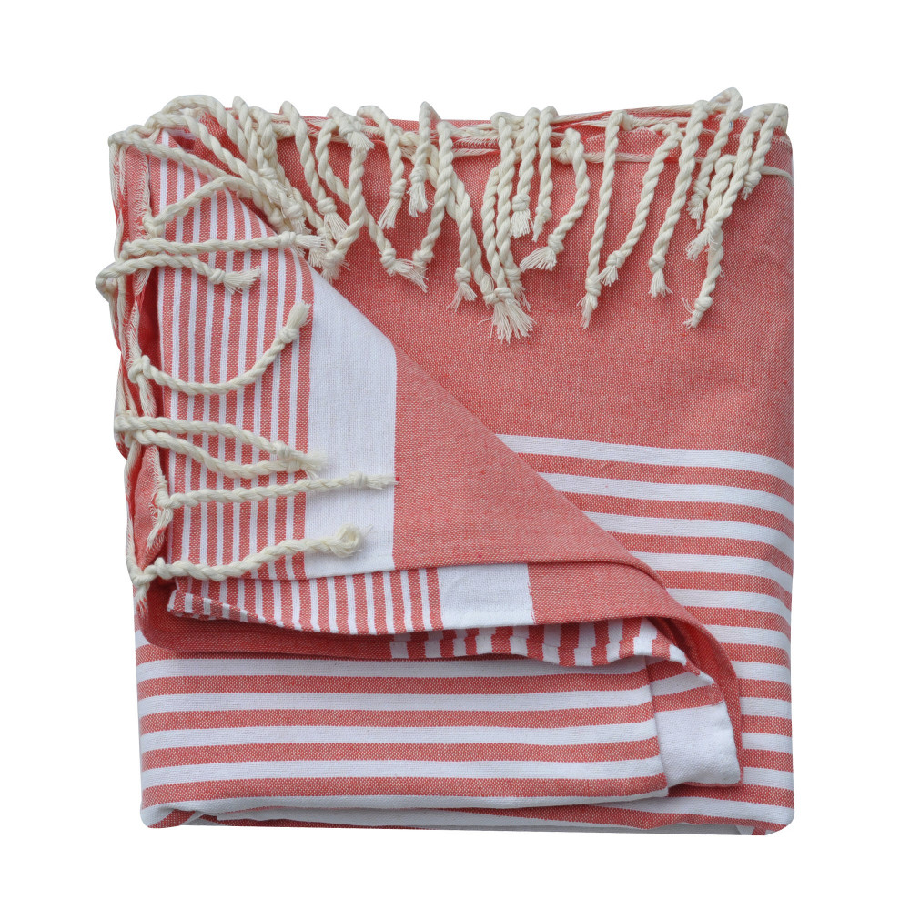 LES POULETTES BIJOUX Grand Fouta Drap Plage et Hammam Coton Couleur Rouge Rayé Blanc