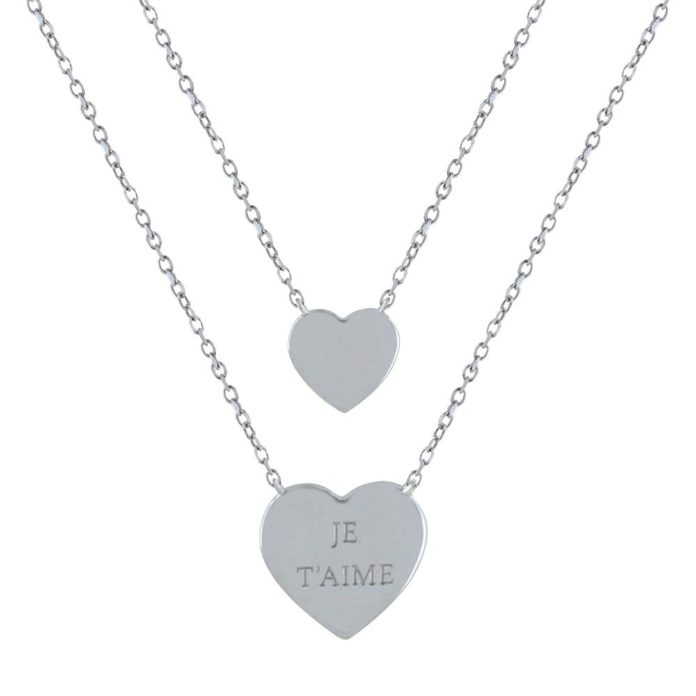 LES POULETTES BIJOUX Collier Double Chaine Argent 925 Rhodié Coeur de Strass et Coeu