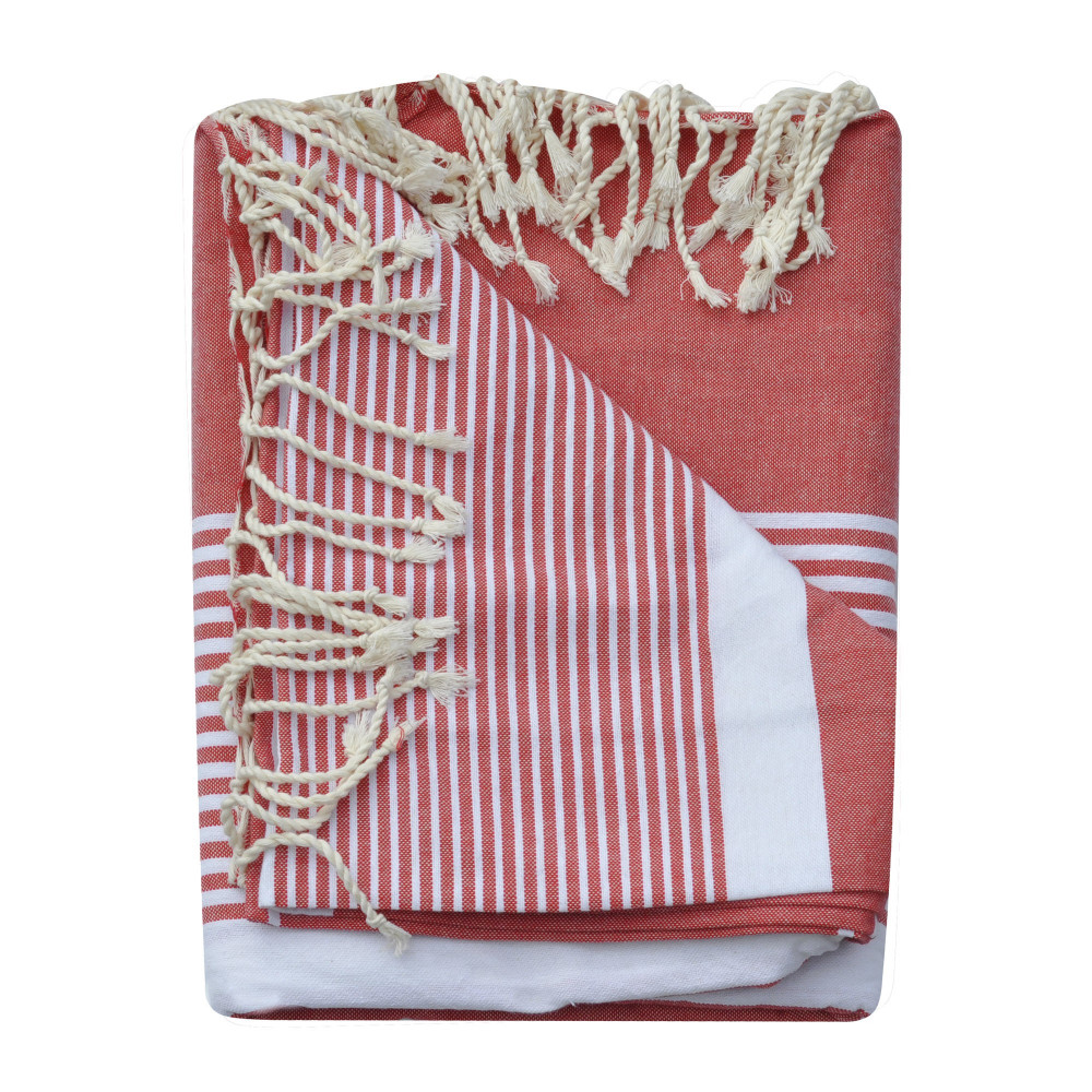 LES POULETTES BIJOUX Grand Fouta Drap Plage et Hammam Coton Couleur Rouge Rayé Blanc