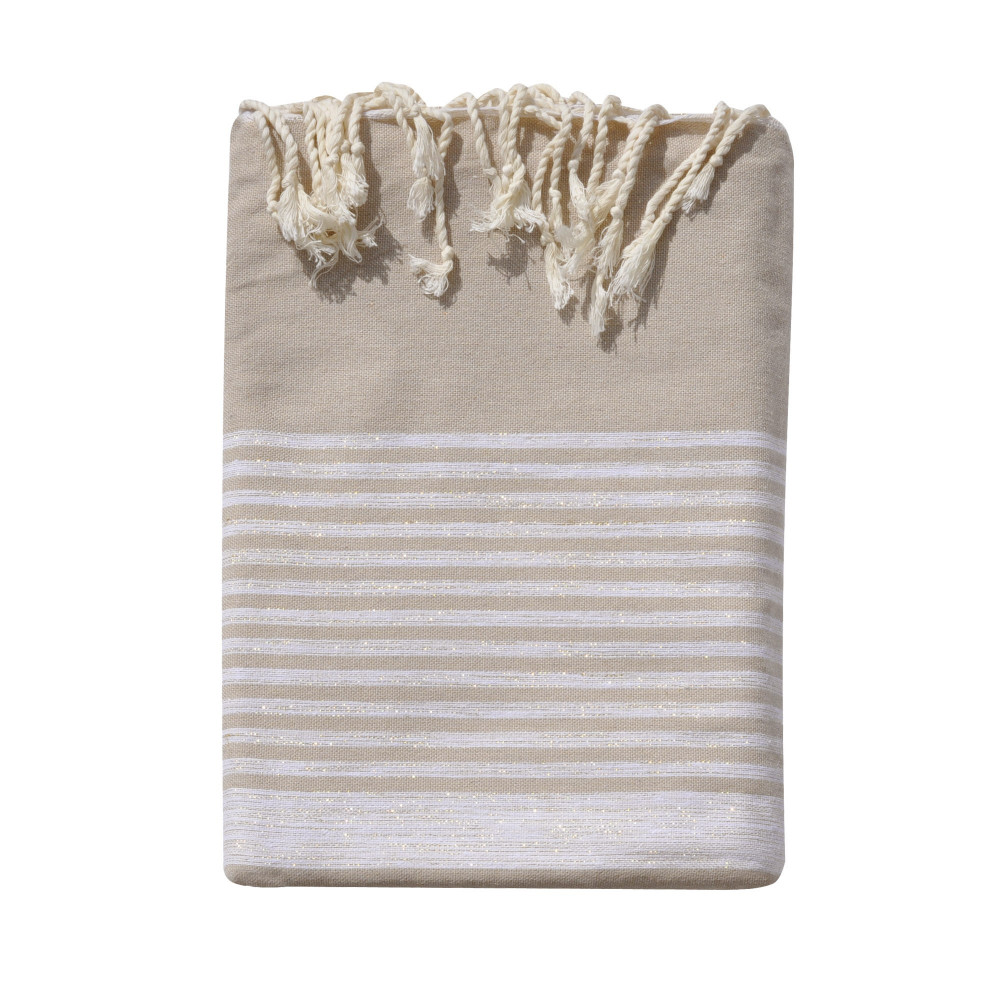LES POULETTES BIJOUX Grand Fouta Drap Plage et Hammam Coton Couleur Beige Rayé Lurex