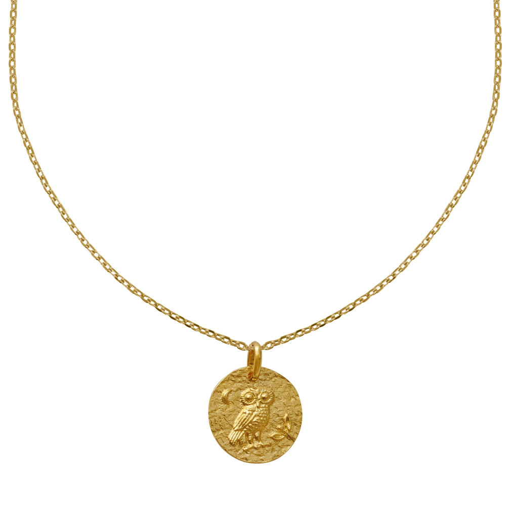 LES POULETTES BIJOUX Collier Plaqué Or Médaille Ronde Martelée Chouette