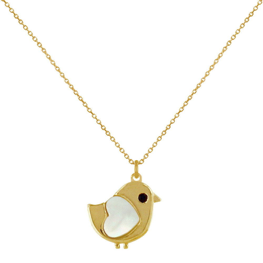 LES POULETTES BIJOUX Collier Plaqué Or Petit Oiseau et Coeur de Nacre