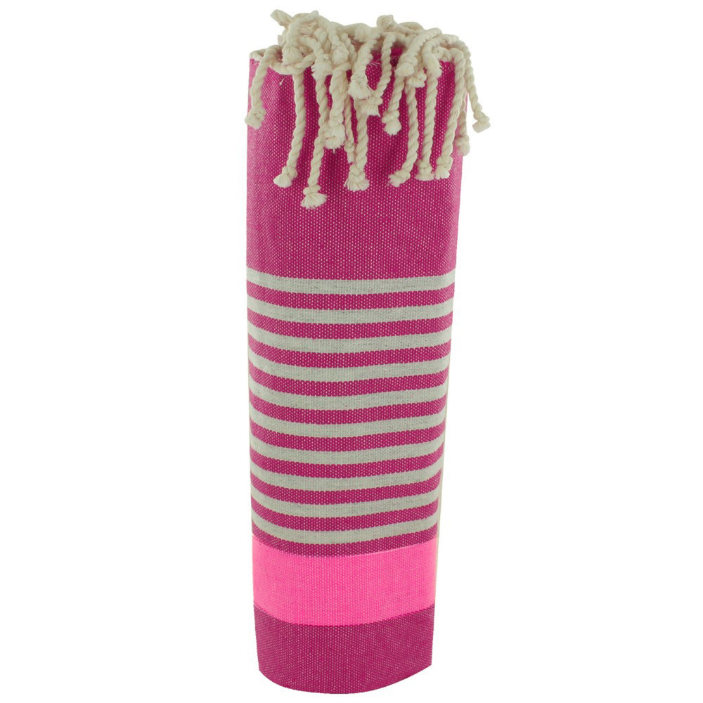 LES POULETTES BIJOUX Fouta Drap Plage et Hammam Coton Fuchsia Bande Rose Fluo et Pet