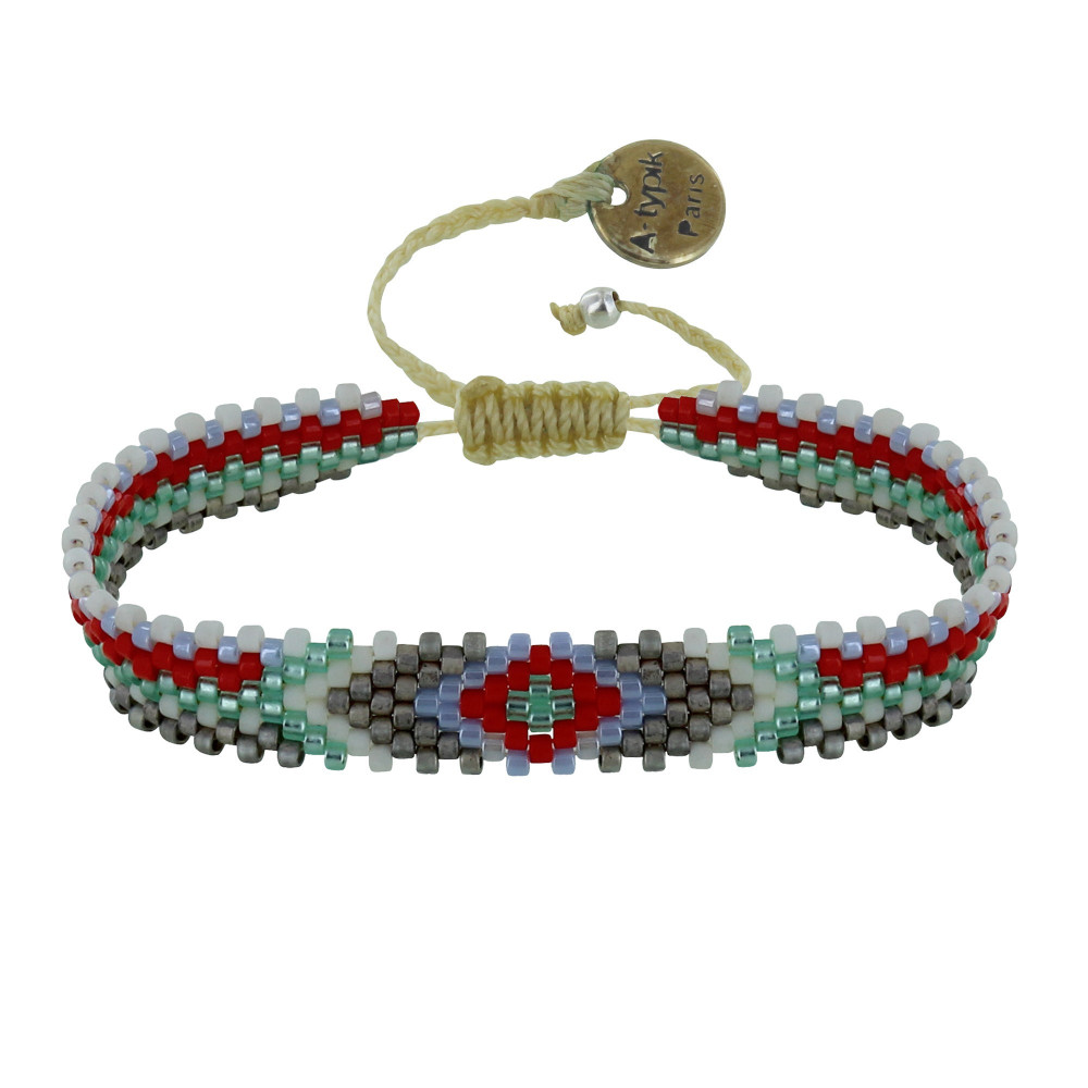 LES POULETTES BIJOUX Bracelet Losanges Perles et Lien Tréssé Beige - Rouge