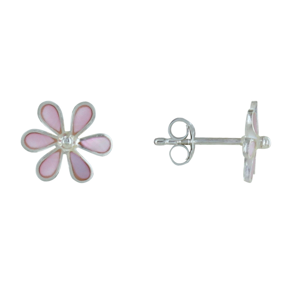 LES POULETTES BIJOUX Boucles d'Oreilles Argent Puces Petites Fleurs Nacre Rose