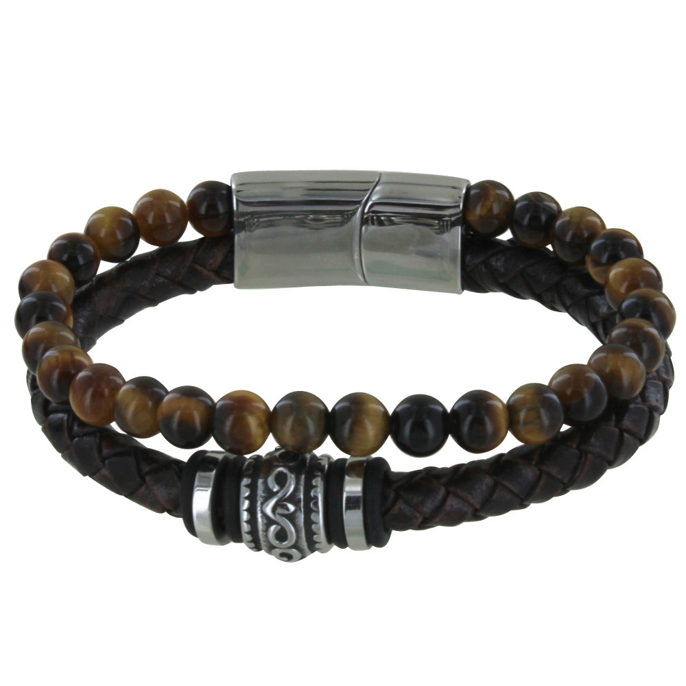 LES POULETTES BIJOUX Bracelet Acier Homme Cuir Marron Foncé et Perles Oeil de Tigre