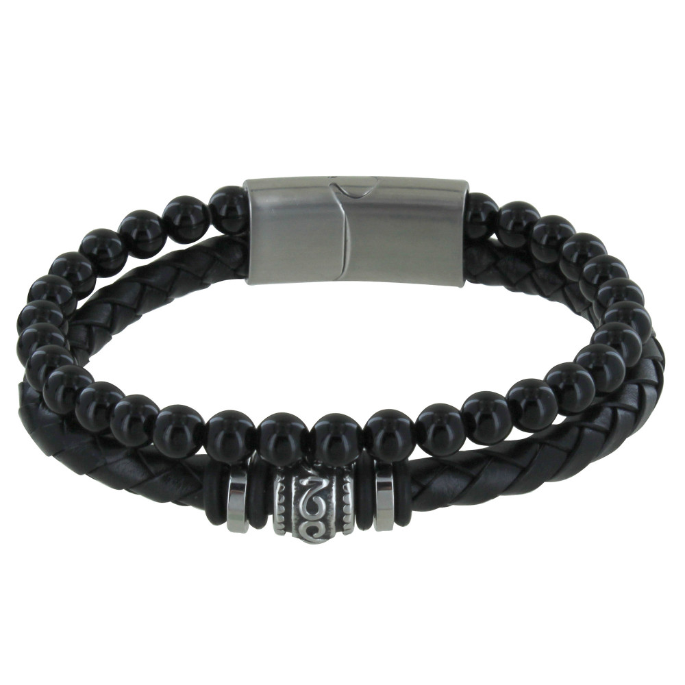 LES POULETTES BIJOUX Bracelet Acier Homme Cuir Noir et Perles d'Onyx Noir - taille 1