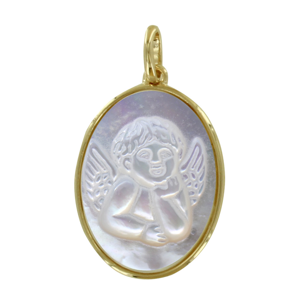 LES POULETTES BIJOUX - Pendentif Plaqué Or et Nacre Médaille Ovale Ange Raphaël
