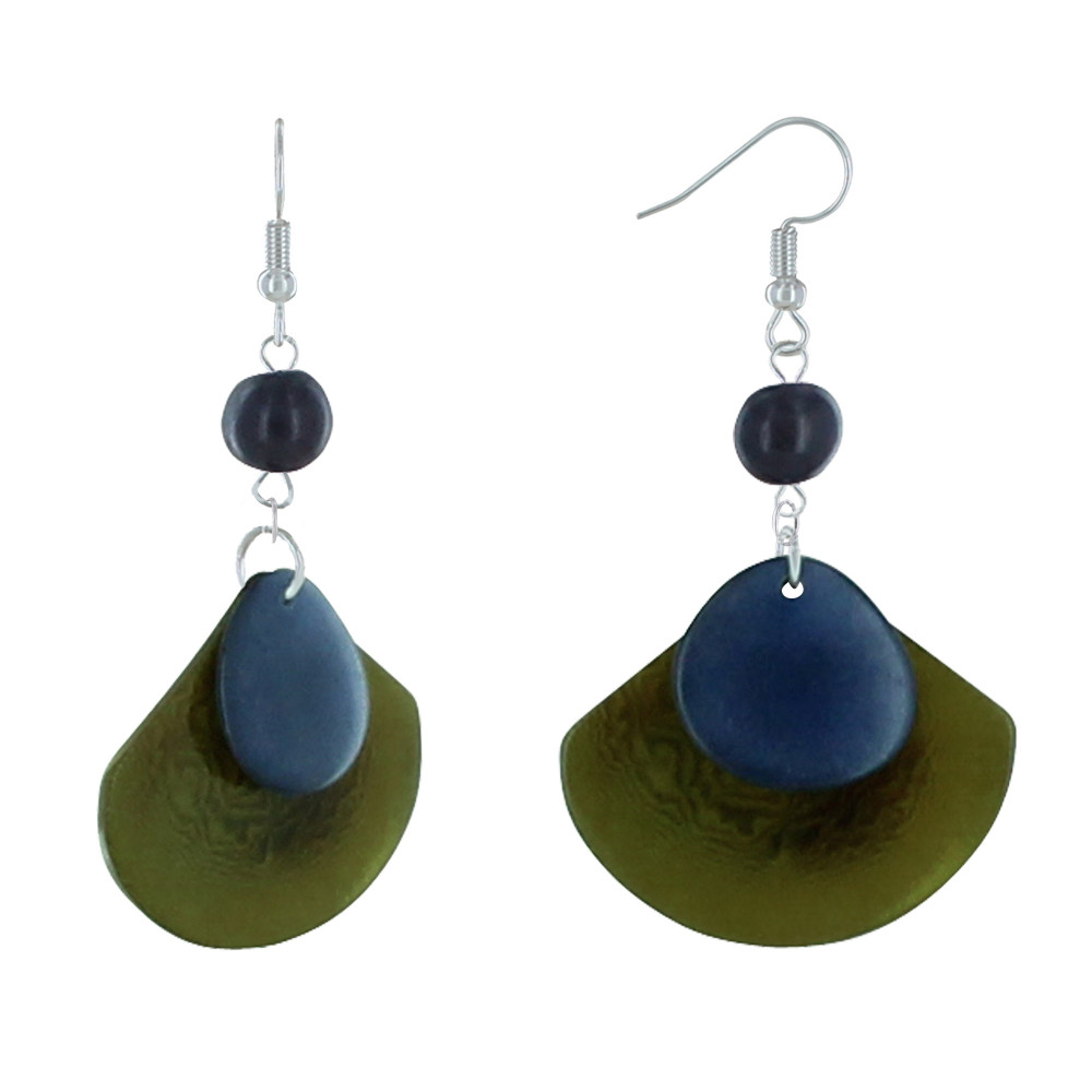 LES POULETTES BIJOUX Boucles d'Oreilles Eventail de Tagua Bicolore - Vert kaki