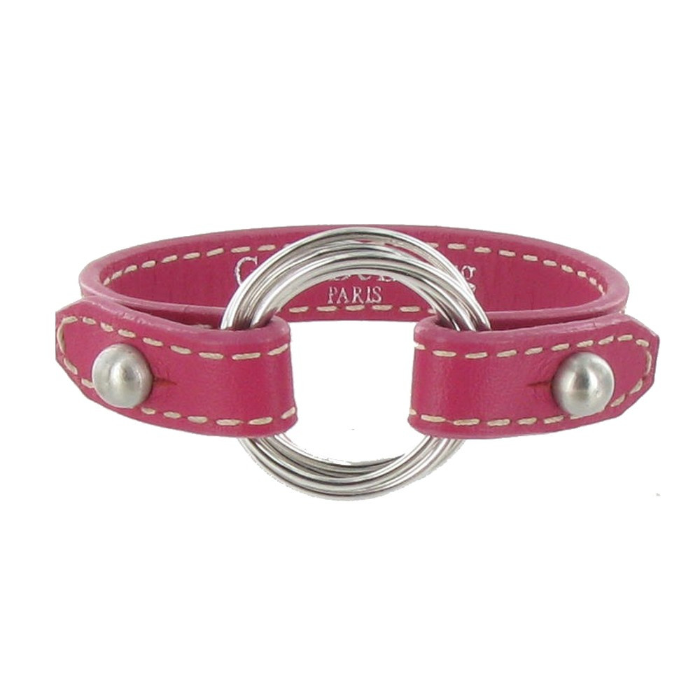 LES POULETTES BIJOUX Bracelet Cuir et 6 Anneaux Argent 925 - Fuchsia
