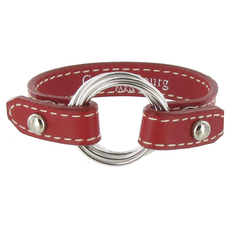 LES POULETTES BIJOUX Bracelet Cuir et 6 Anneaux Argent 925 - Rouge Profond