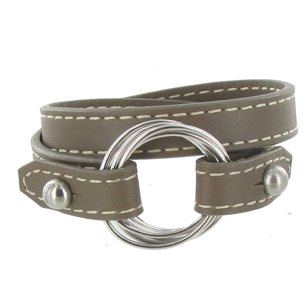 LES POULETTES BIJOUX Bracelet Double Tour Cuir et 6 Anneaux Argent 925 - Beige