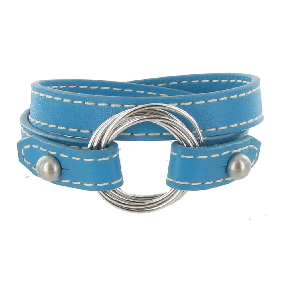 LES POULETTES BIJOUX Bracelet Double Tour Cuir et 6 Anneaux Argent 925 - Turquoise