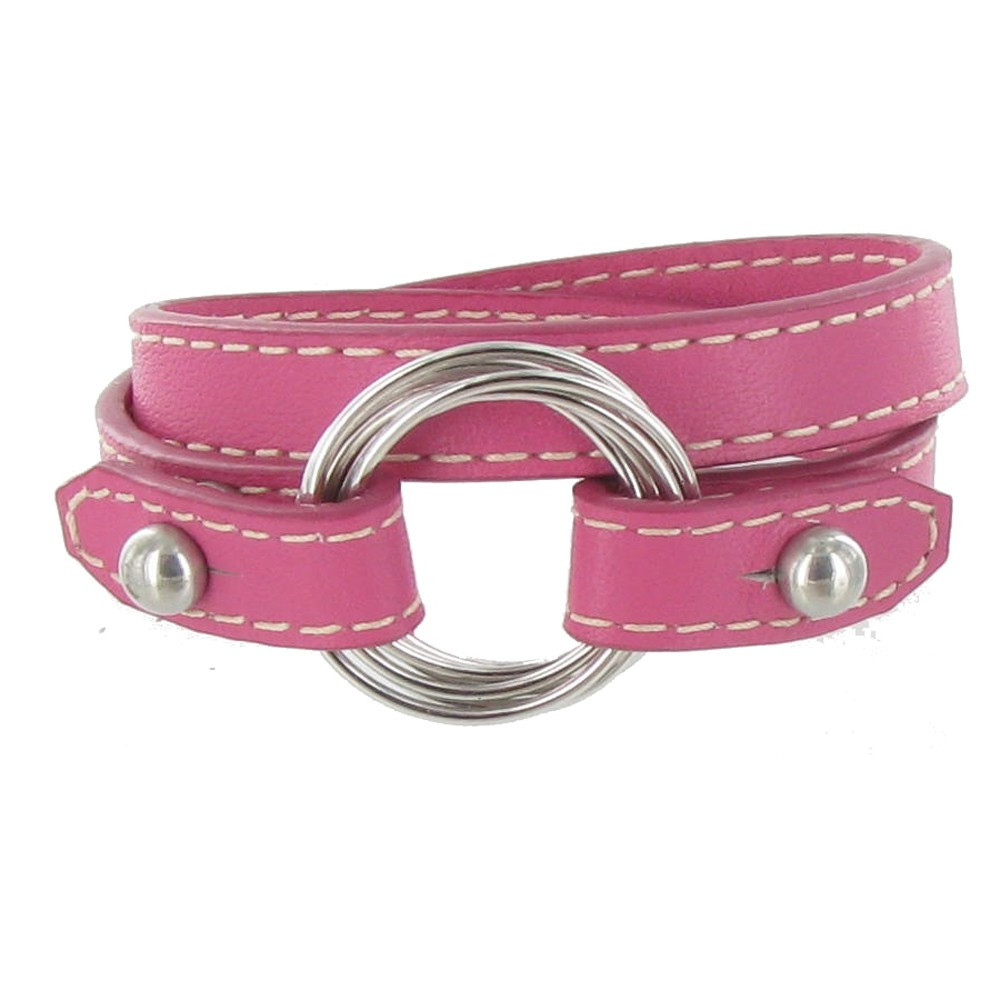 LES POULETTES BIJOUX Bracelet Double Tour Cuir et 6 Anneaux Argent 925 - Fuchsia