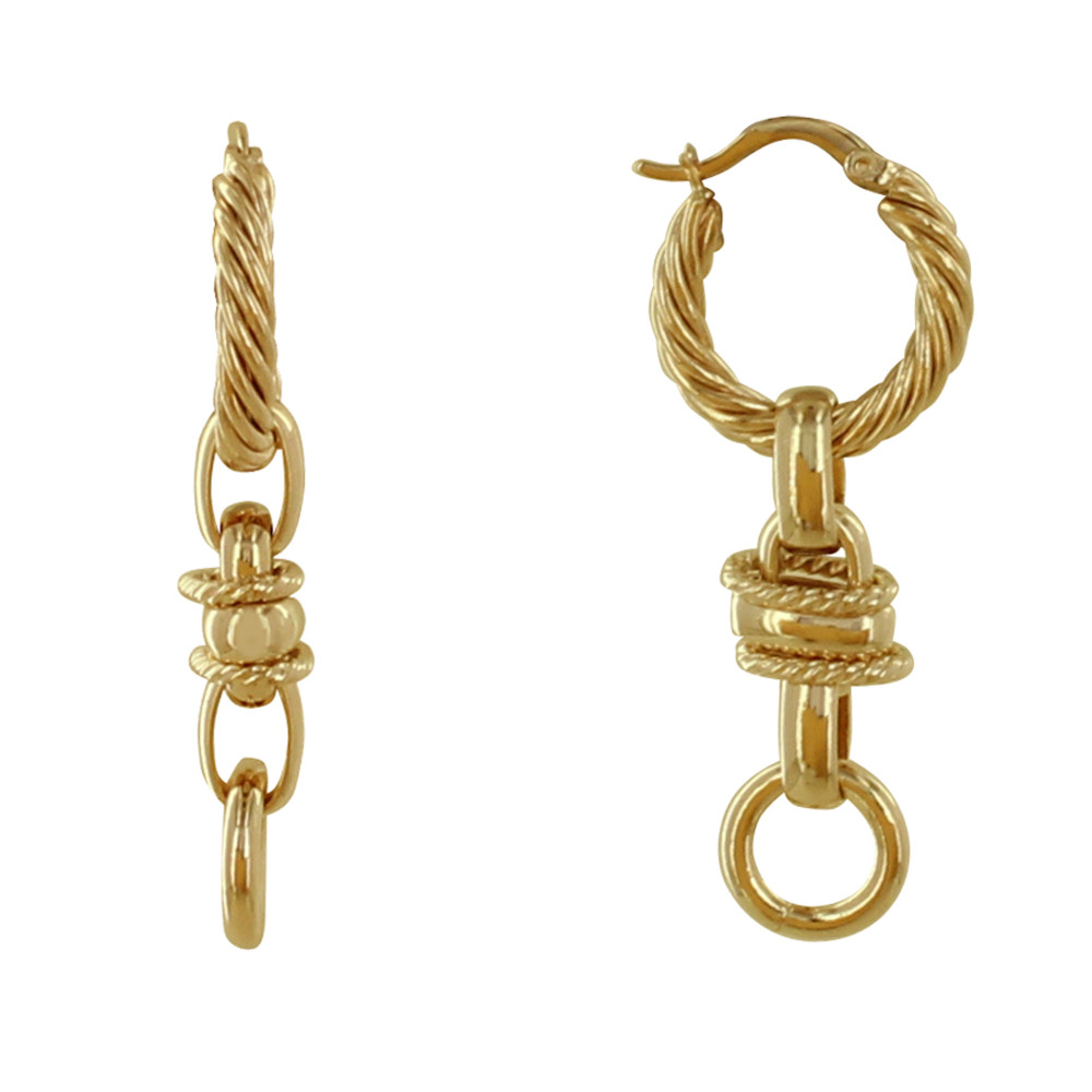 LES POULETTES BIJOUX Boucles d'Oreilles Plaqué Or Créoles Torsadées et Chainette